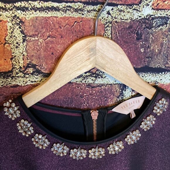 TED BAKER 0 US 2 Ayma Embellished Oxblood Metallic Fit & Flare Skater Dress Prom - Picture 8 of 12